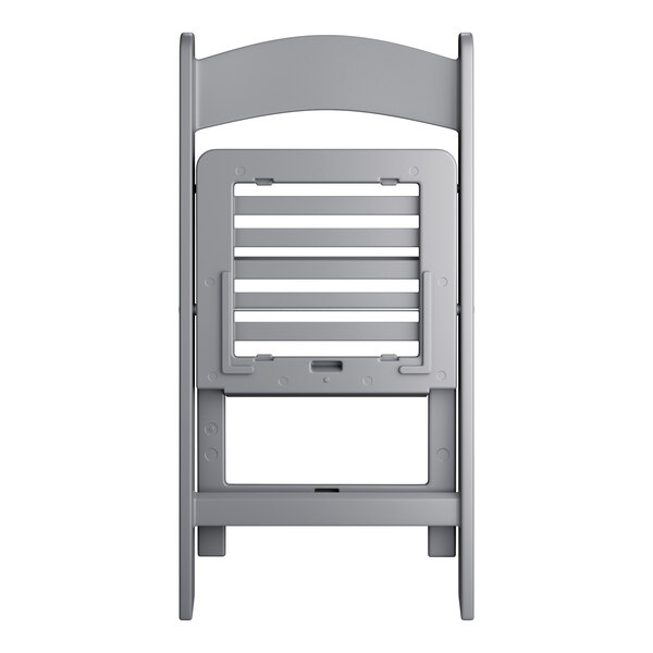 A gray resin folding chair with a slatted seat shown in a folded position.