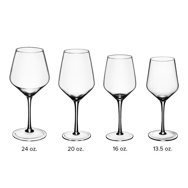 A row of Acopa Silhouette wine glasses filled with wine on a white background.