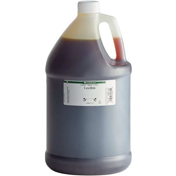 A jug of LorAnn Oils Liquid Soy Lecithin with a white label.