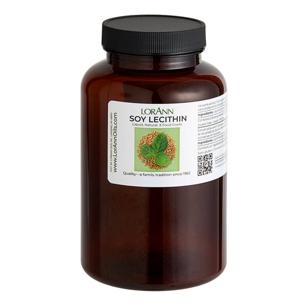 A brown bottle of LorAnn Oils Liquid Soy Lecithin with a black label.