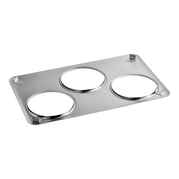 A stainless steel ServIt adapter plate with four holes.
