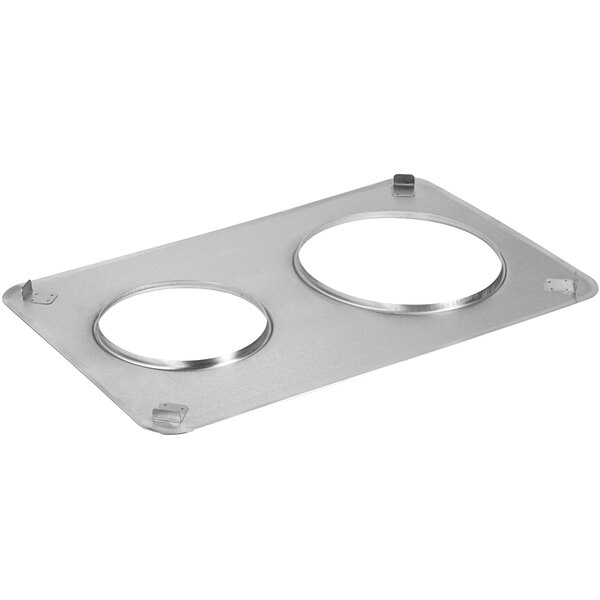 A stainless steel Vigor steam table adapter plate with two holes.