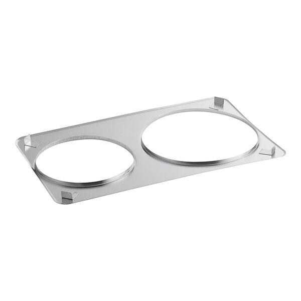 An Avantco stainless steel adapter plate with two holes, one 8 3/8" and one 10 3/8" in diameter.