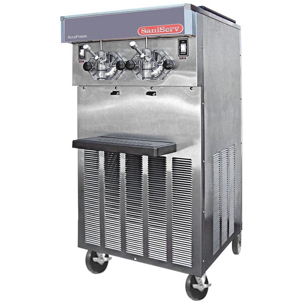 A SaniServ frozen cocktail machine with stainless steel top and two valves.