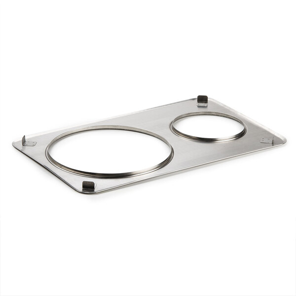 A stainless steel Vigor steam table adapter plate with two round holes.