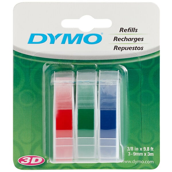 A package of three green rectangular containers with white strips of DYMO label tape.