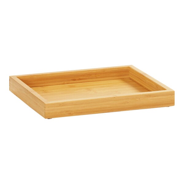 A Cal-Mil bamboo room service tray with a handle.