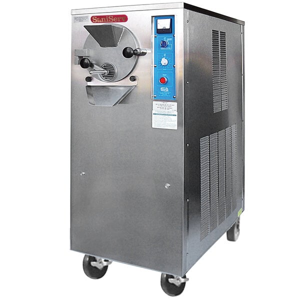 A large stainless steel SaniServ ice cream machine.