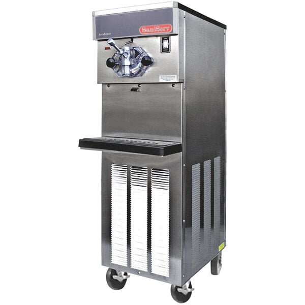 A stainless steel SaniServ air cooled soft serve ice cream machine with wheels.