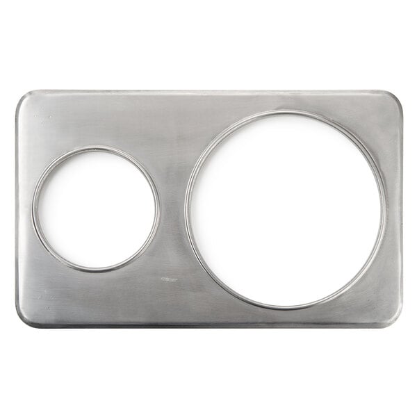 A silver stainless steel Avantco adapter plate with two circles.