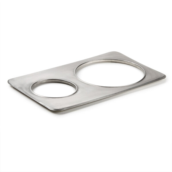 An Avantco stainless steel steam table adapter plate with two holes.