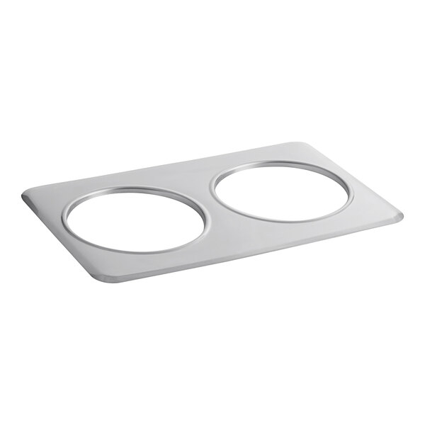 An Avantco stainless steel adapter plate with two circles.