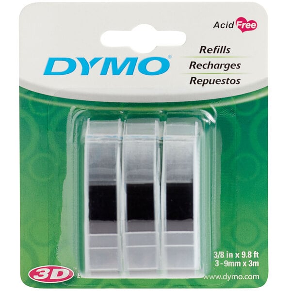 A package of three black glossy DYMO embosser label refills.