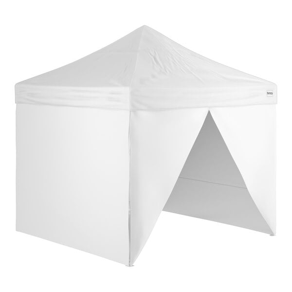 A white 10' x 10' pop-up canopy tent with straight legs and four side walls, featuring a triangular entrance opening.