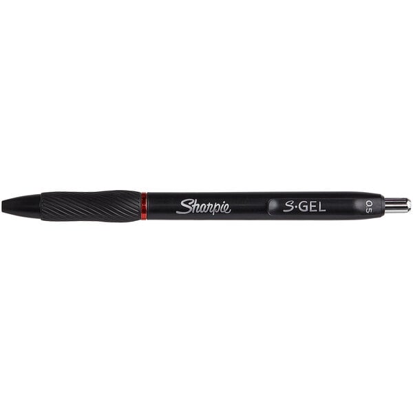 A Sharpie S-Gel black pen with a red tip and black ink in a black barrel.