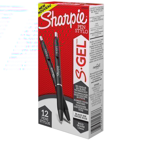 A box of 12 Sharpie S-Gel black retractable gel pens with black and silver barrels.