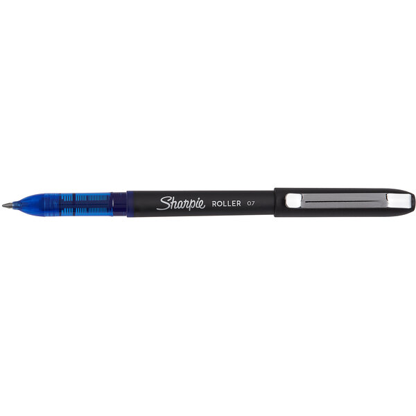 a blue pen with a black cap