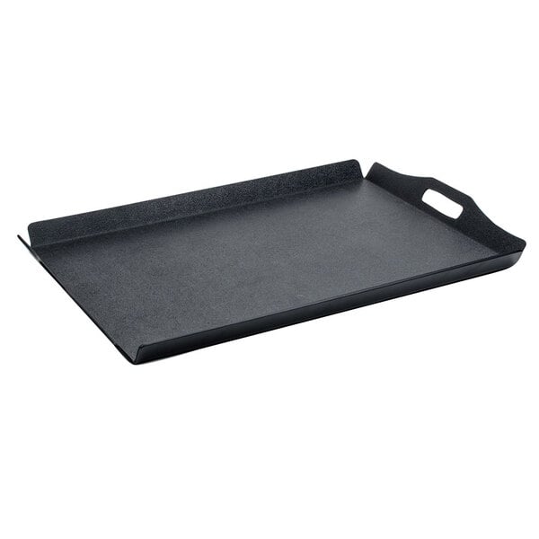 A black rectangular Cal-Mil room service tray with handles.