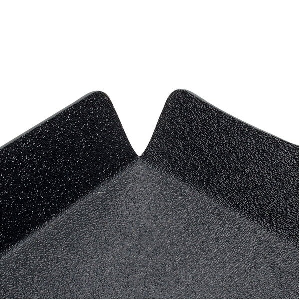 A close up of a black Cal-Mil room service tray with raised edges.
