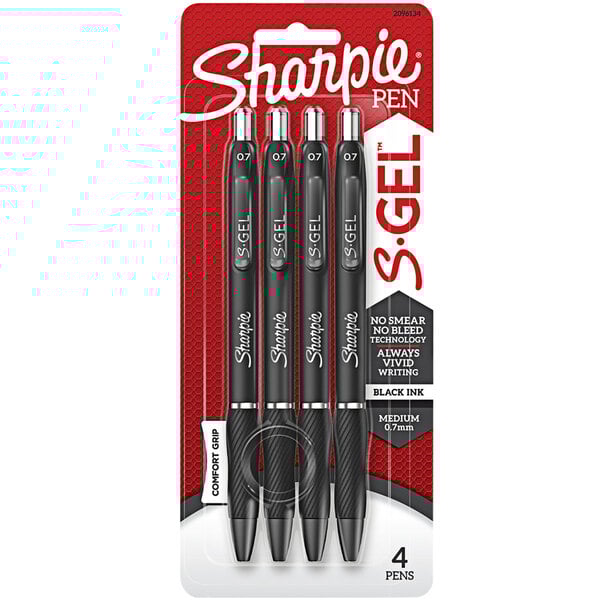A package of 4 Sharpie S-Gel black gel pens with black barrels.