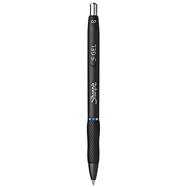 A black Sharpie S-Gel pen with a silver tip and blue writing.