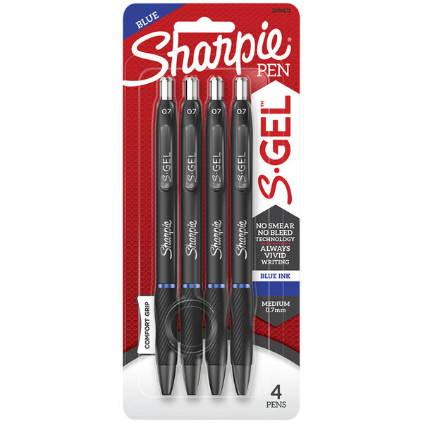 A package of 4 Sharpie S-Gel blue ink pens with black barrels.