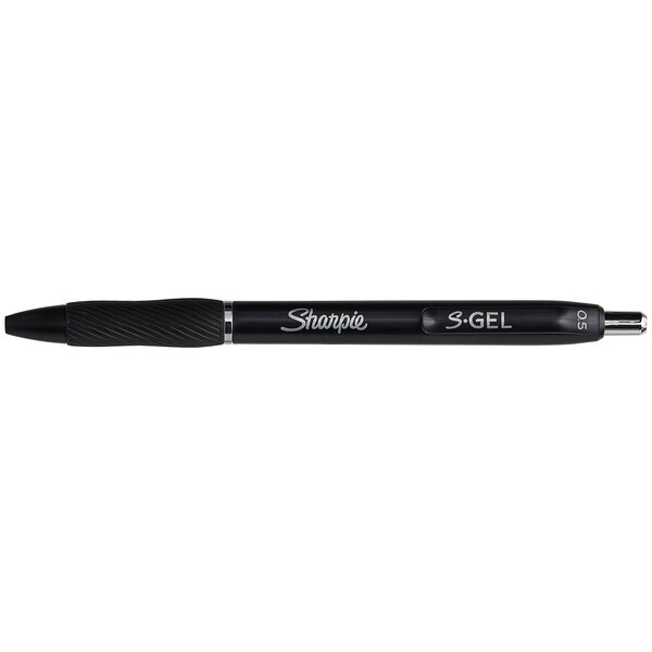 A Sharpie S-Gel black pen with black barrel and tip.