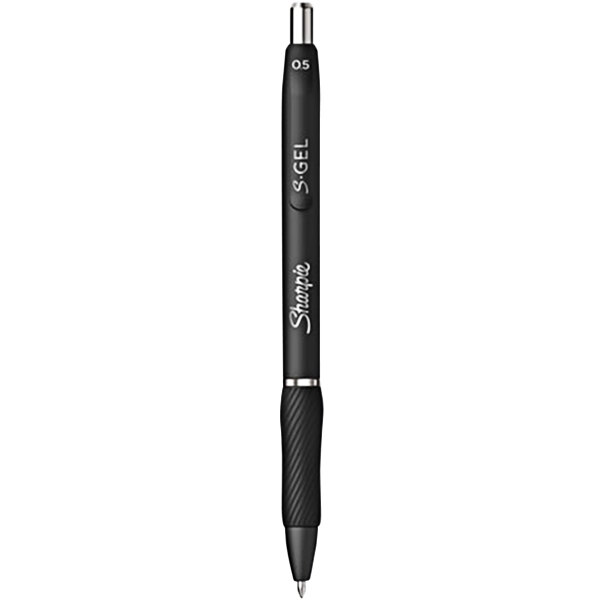 A Sharpie S-Gel Black Retractable Gel Pen with black barrel and tip.