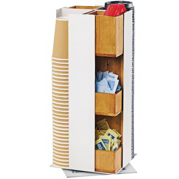 A Cal-Mil white metal revolving cup and lid organizer with coffee cups inside.