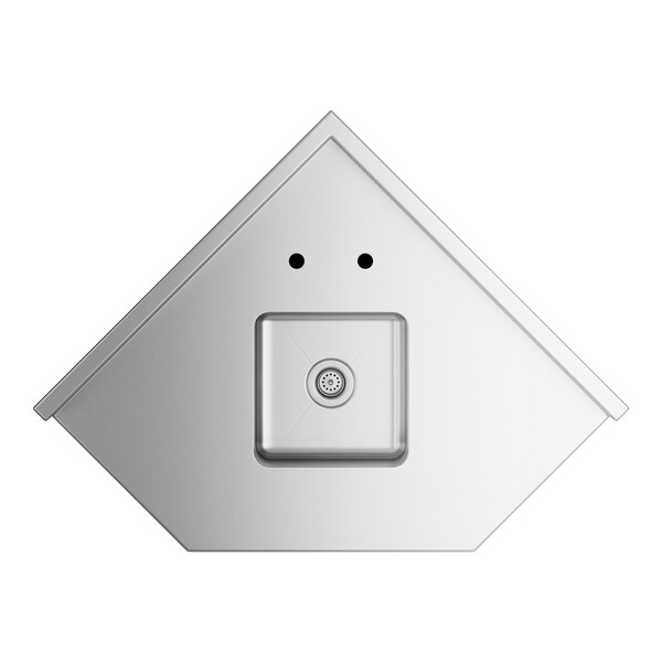 A Regency stainless steel corner sink cabinet with a hinged door.