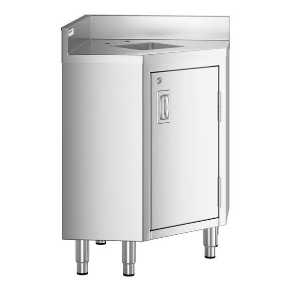 A stainless steel corner work table with a built-in sink, a hinged door with a handle, and four sturdy legs.