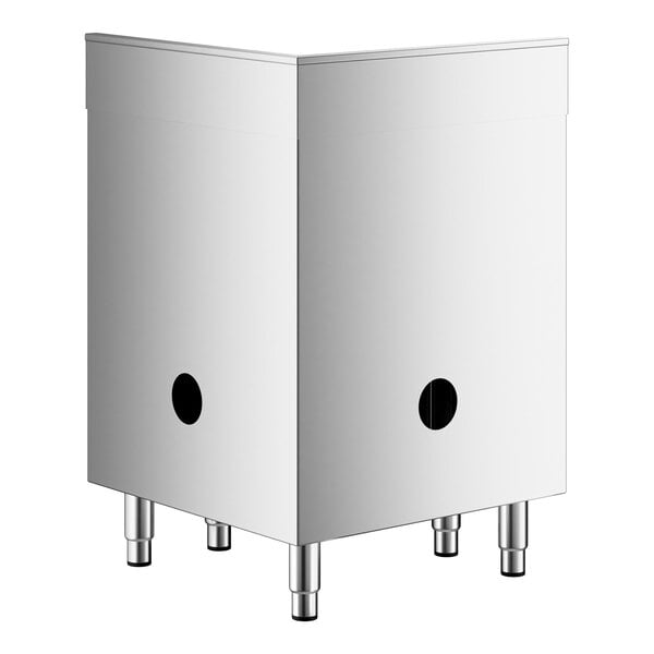 A stainless steel corner unit with a hinged door, circular cutouts, and four metal legs.