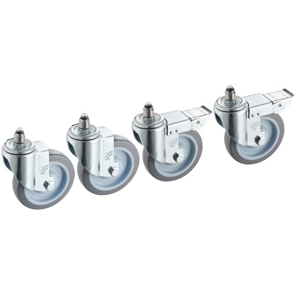 A set of four MainStreet Equipment casters with rubber wheels and metal plates.