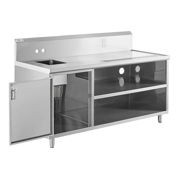 A Regency stainless steel beverage table with a sink, drawers, and a door.