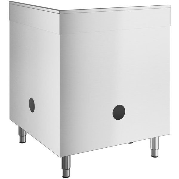 A white stainless steel cabinet with a square top and two black circular holes.