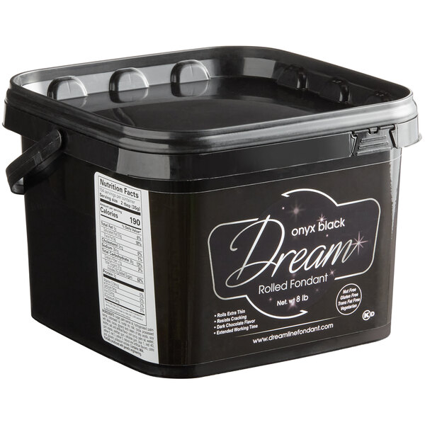 A black Satin Ice container with white text and a black lid.