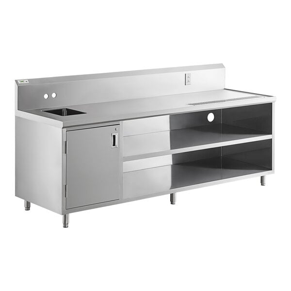 A Regency stainless steel beverage table with a left sink.