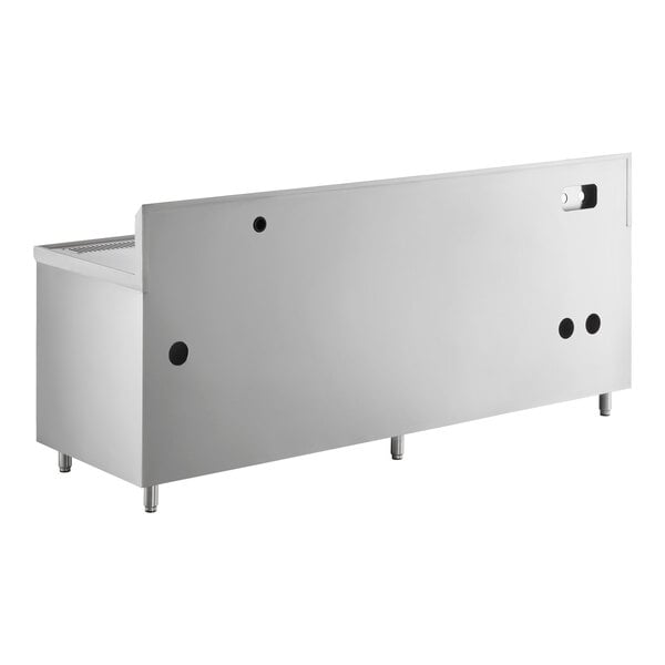 A white rectangular stainless steel beverage table with a left sink.