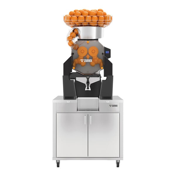 A commercial automatic feed juicer with a high-capacity orange hopper and stainless steel cabinet, designed for juicing up to 40 fruits per minute.