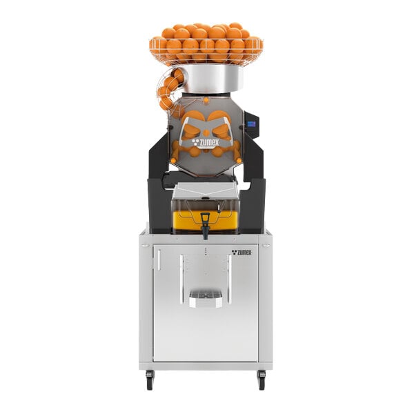 A commercial automatic feed juicer with a tank podium designed for high-capacity orange juicing.