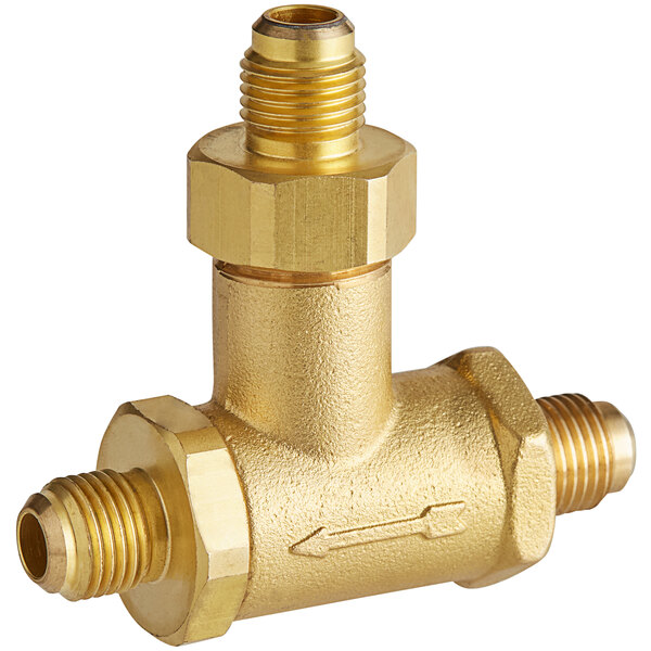 A brass Estella Caffe three way valve with a brass pipe and nut.