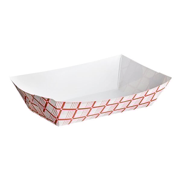 A red plaid paper food tray with a white background.