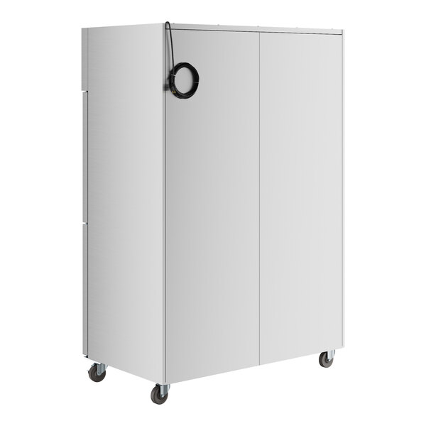 An Avantco stainless steel reach-in refrigerator with half glass doors on a white background.