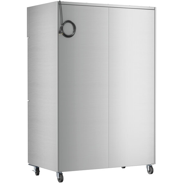 An Avantco stainless steel reach-in refrigerator with wheels.