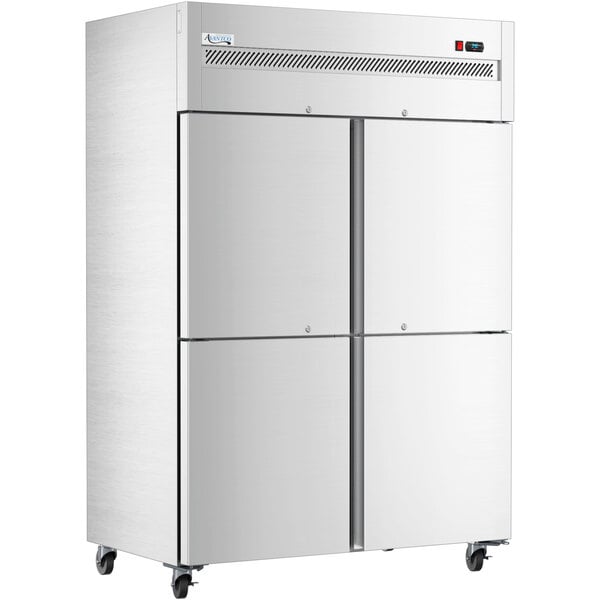 A white Avantco reach-in refrigerator with two solid half doors and two drawers.