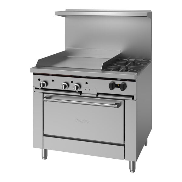 A stainless steel Garland gas range with two burners and a standard oven.