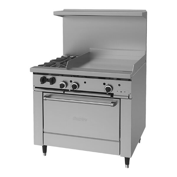 A commercial stainless steel gas range with two burners, a 24-inch griddle, and a standard oven.