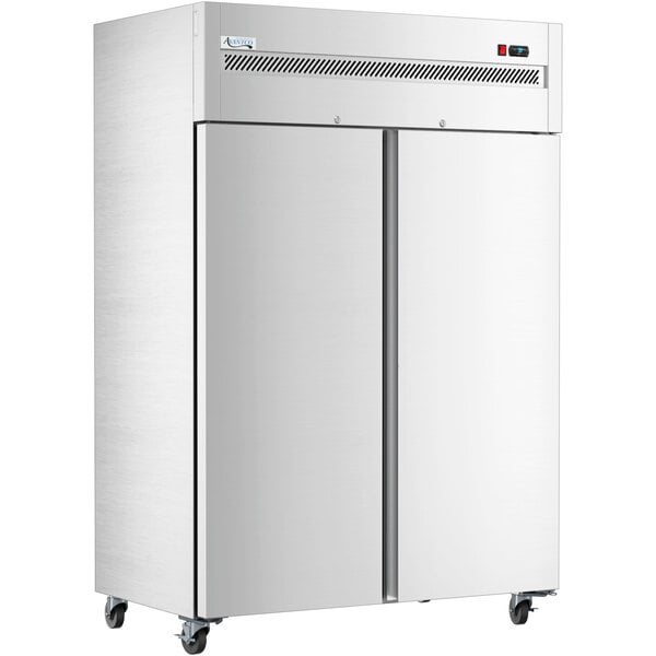 A stainless steel Avantco reach-in freezer with two solid doors.