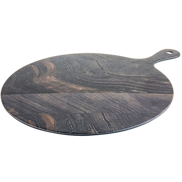 A Tablecraft round faux wood melamine serving paddle with a handle.
