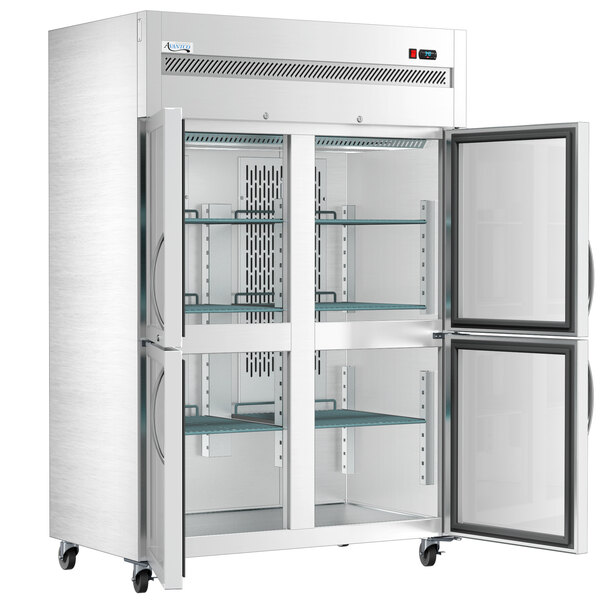 a white refrigerator with glass doors